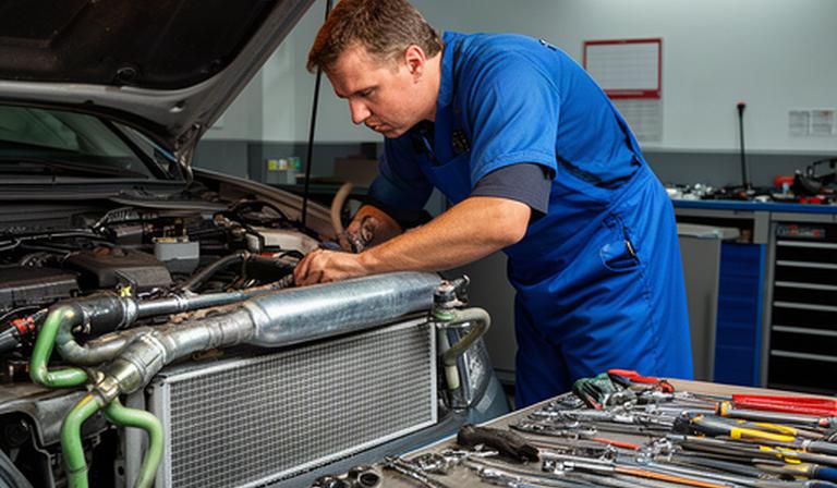 Mechanic repairing a vehicle cooling system with tools arranged on a nearby workbench