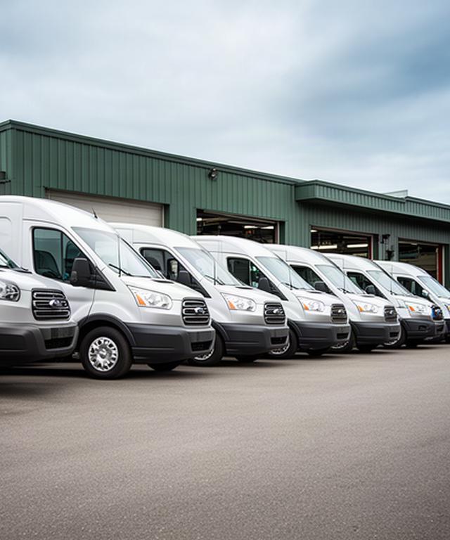 Row of commercial vans ready for scheduled fleet maintenance outside a Calgary shop