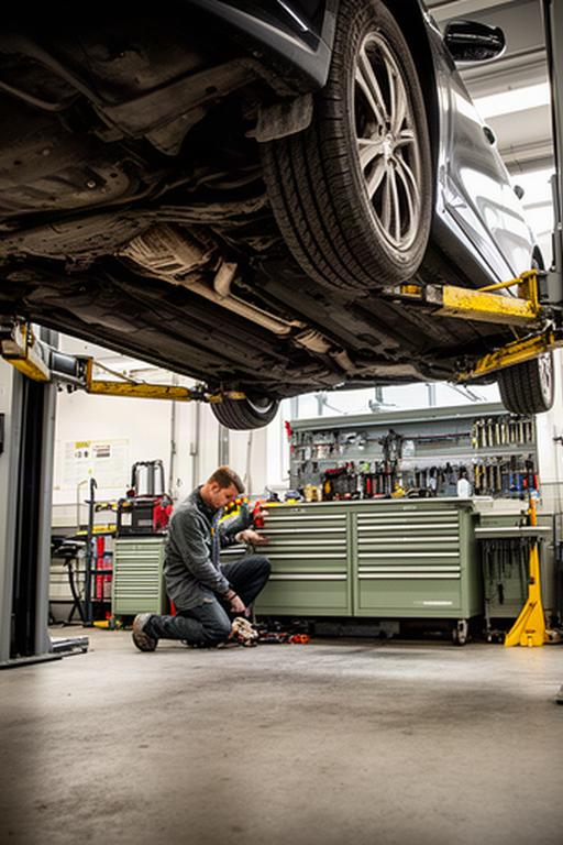 Technician working under a vehicle in an organised automotive service bay