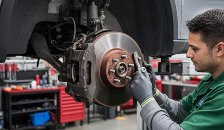 Front brake assembly being serviced by a mechanic in a tidy Calgary garage
