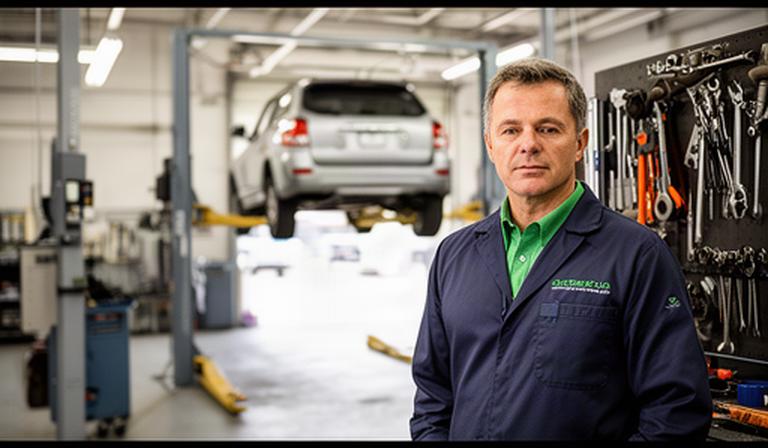 Lead automotive technician Mike Robertson working beside a vehicle lift