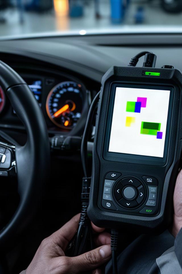 Diagnostic scanner connected to a vehicle dashboard during engine testing