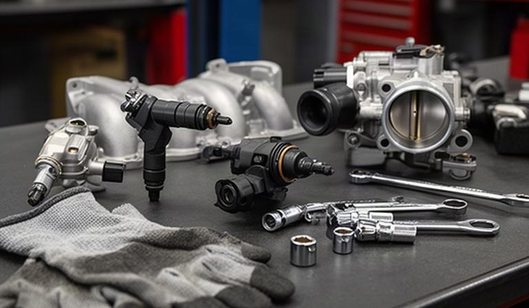 Fuel injector and intake components arranged for vehicle service