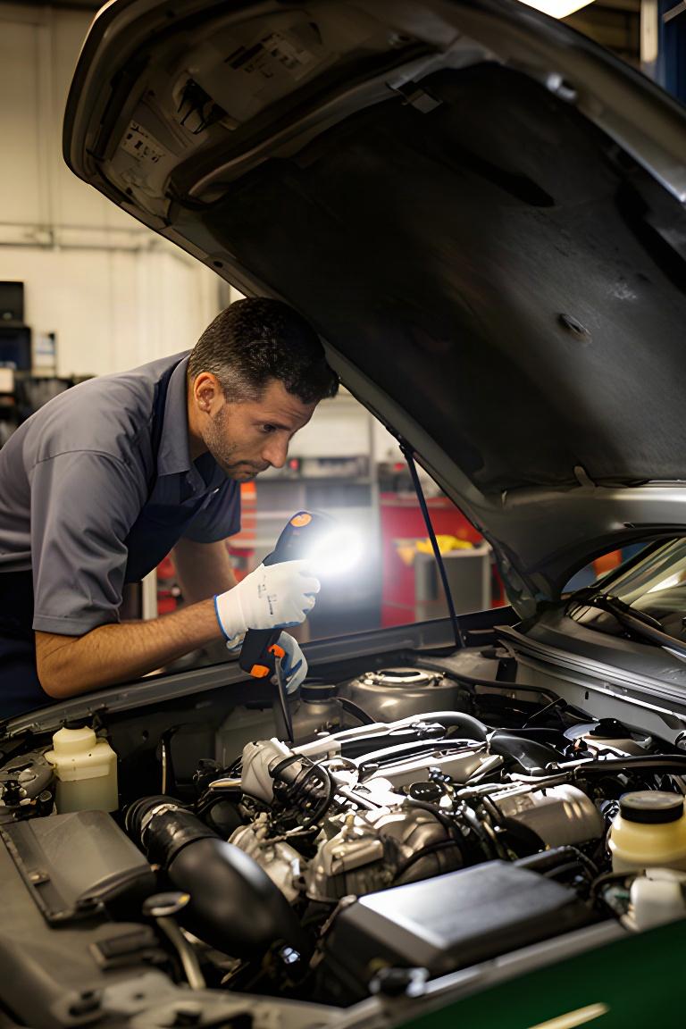 Automotive technician inspecting an engine with a work light in a service bay