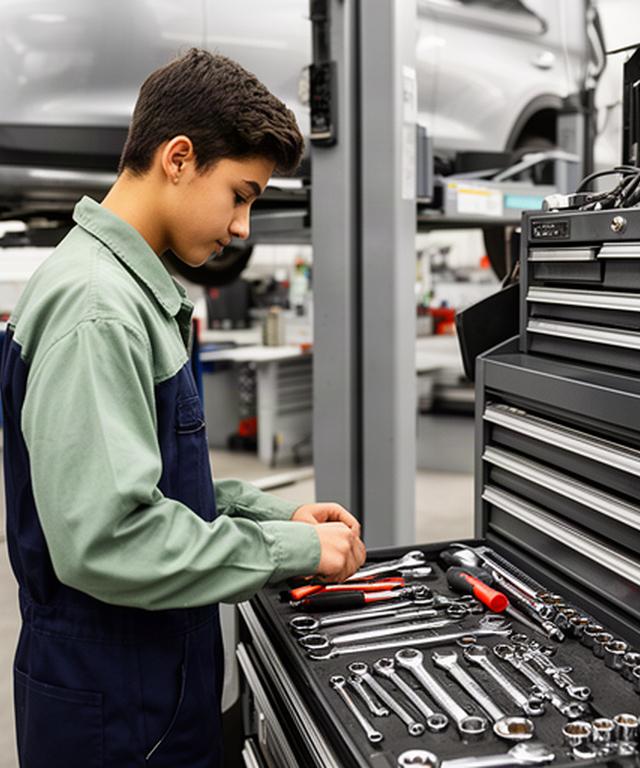 Automotive apprentice arranging hand tools beside a vehicle service lift
