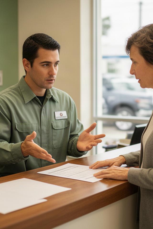 Mechanic explaining a vehicle inspection report to a customer at the service counter