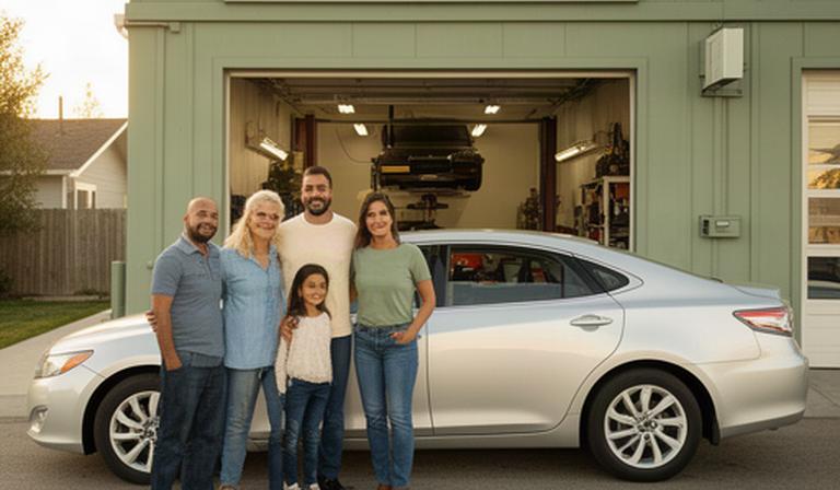 Family standing beside their serviced sedan outside the Calgary repair shop