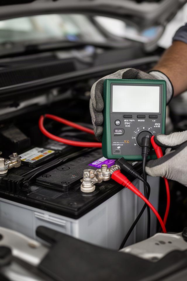 Technician testing a car battery with a handheld meter in a service bay