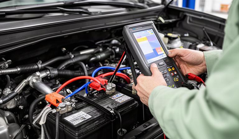 Technician testing a vehicle battery and electrical system with a handheld meter