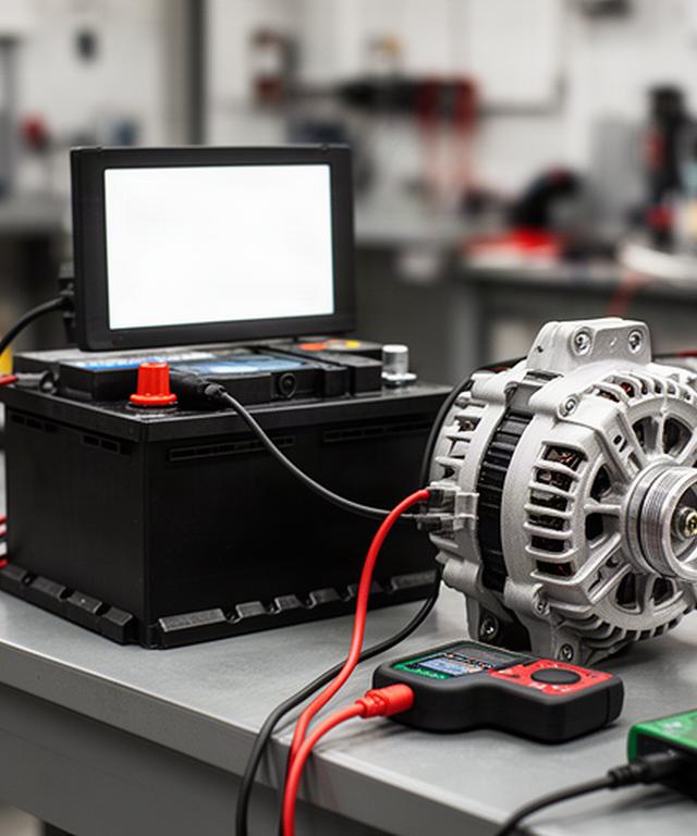 New car battery and alternator tested on a workshop bench