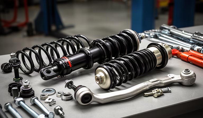 New shock absorber and coil spring prepared for suspension repair