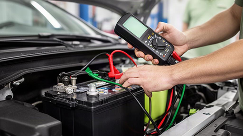 Automotive technician testing a car battery with a handheld meter