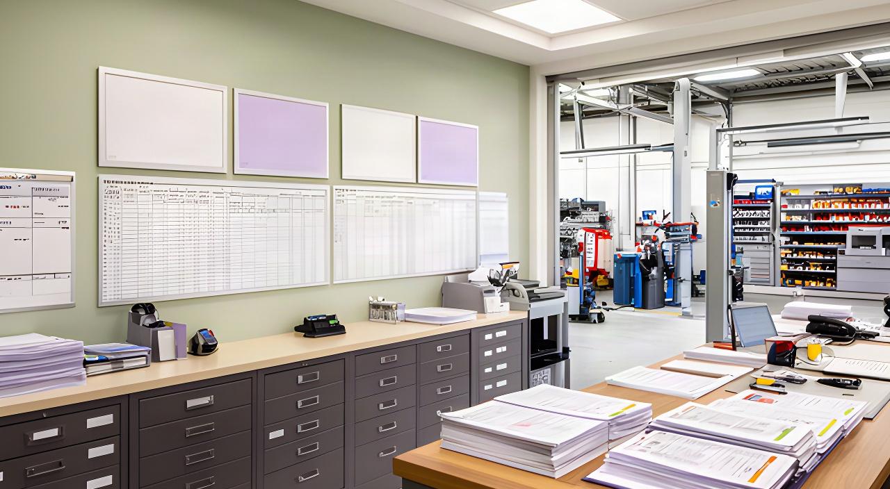 Organized automotive workshop office with service schedules and vehicle records