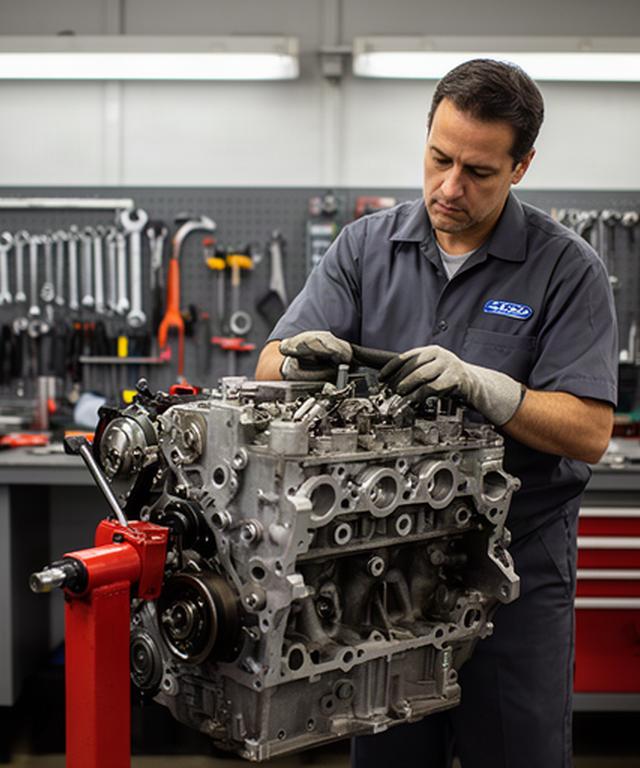 Mechanic inspecting an engine block on a workshop stand