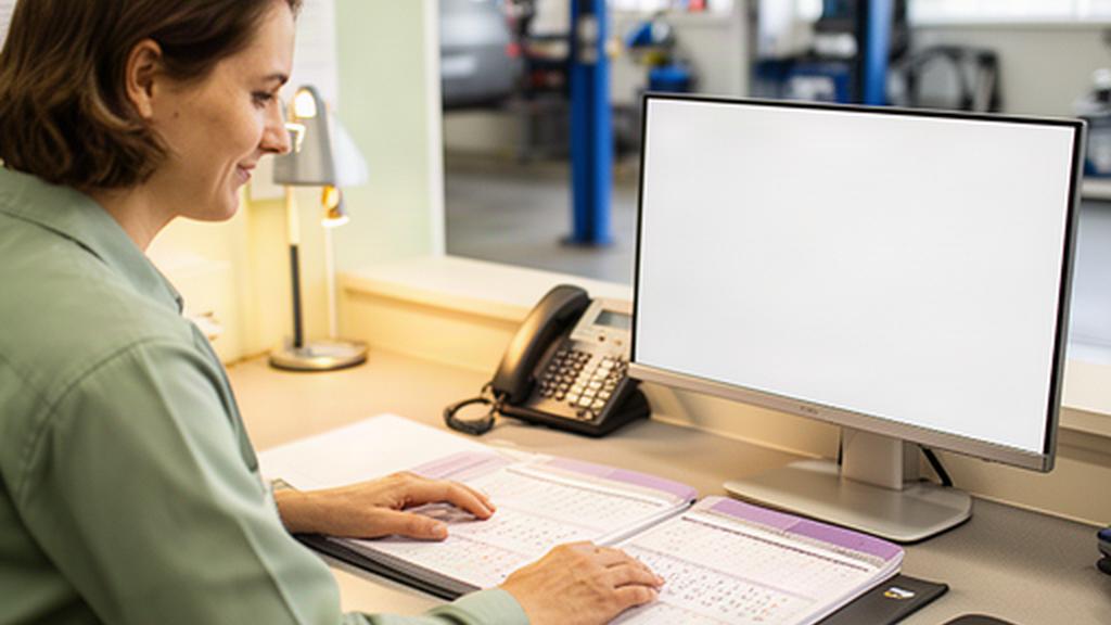 Service advisor reviewing an appointment calendar at an automotive repair desk