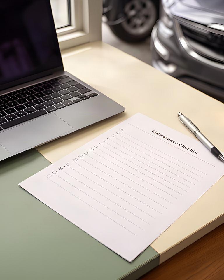 Laptop showing an appointment email beside a vehicle maintenance checklist
