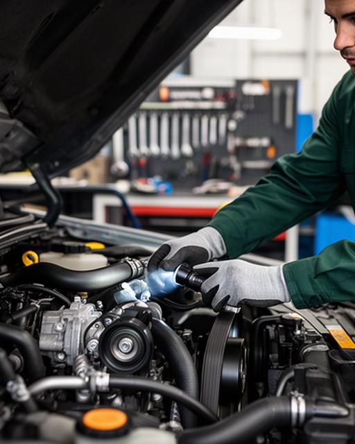 Technician checking belts and hoses during a vehicle inspection before a road trip