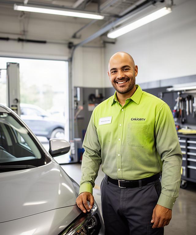 Smiling mechanic standing beside a vehicle in a bright Calgary service bay