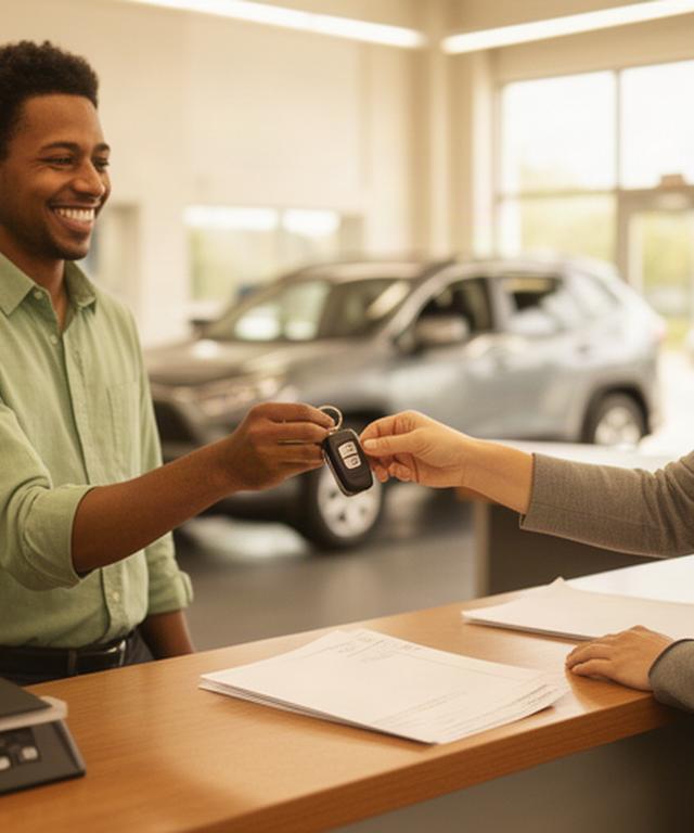 Customer receiving vehicle keys at the automotive service counter