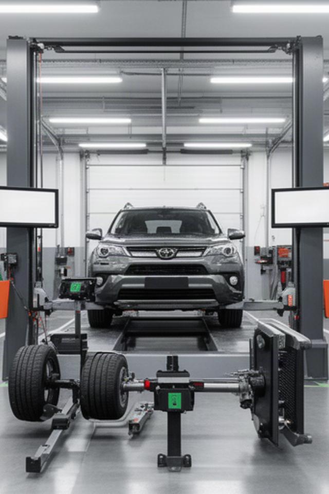 Wheel alignment equipment attached to a vehicle in a professional Calgary workshop