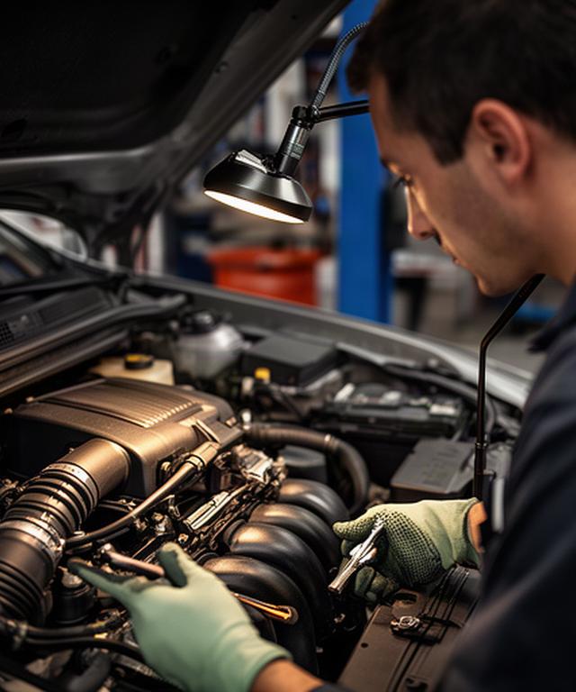 Technician inspecting an engine compartment during scheduled automotive maintenance