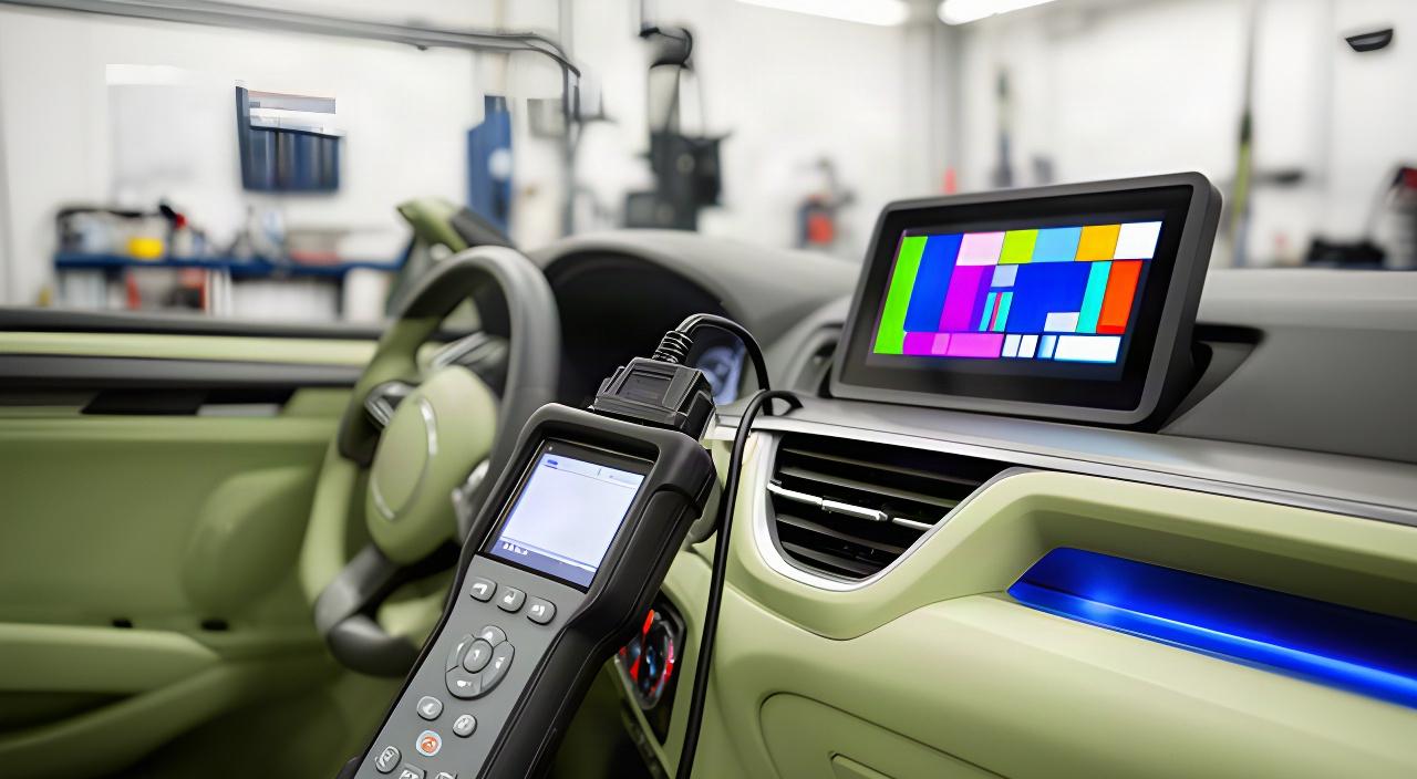 Diagnostic scan tool connected to a vehicle dashboard in a bright repair bay