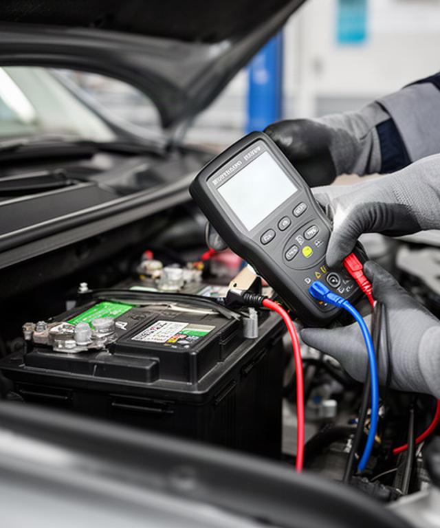 Technician testing a car battery with a handheld meter in a service bay