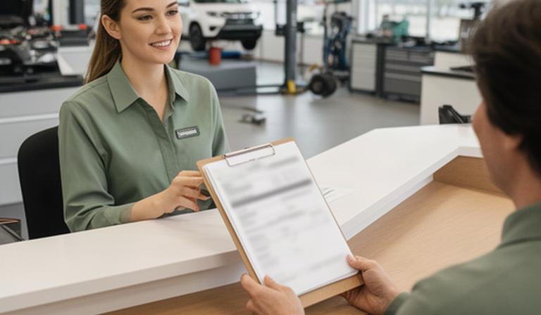 Service advisor reviewing vehicle paperwork at a Calgary automotive counter
