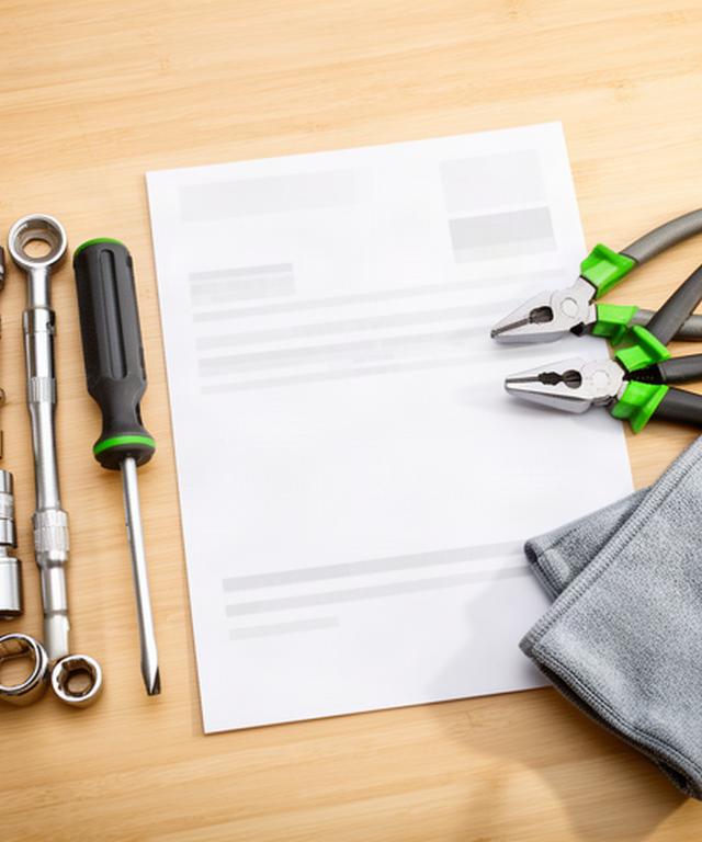 Printed repair estimate beside hand tools on a bright automotive workbench
