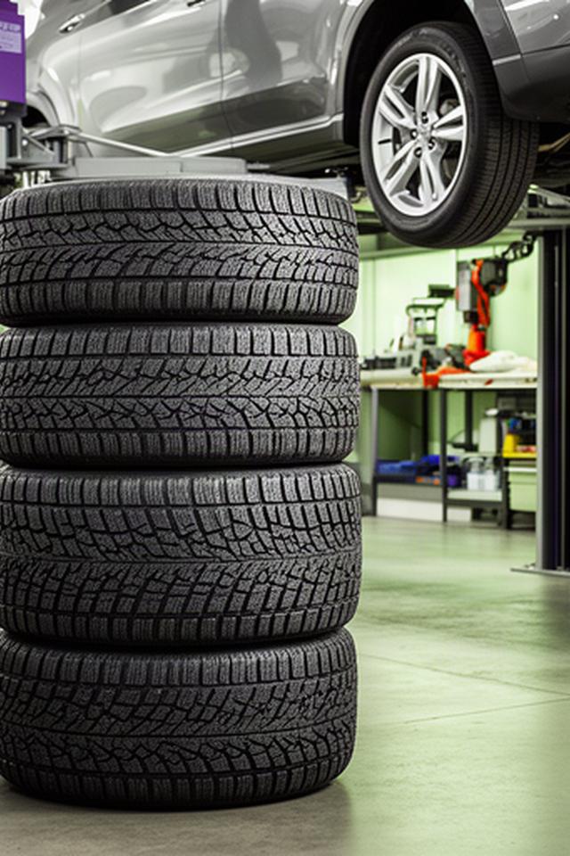 Stack of new all-season and winter tires beside a vehicle service lift