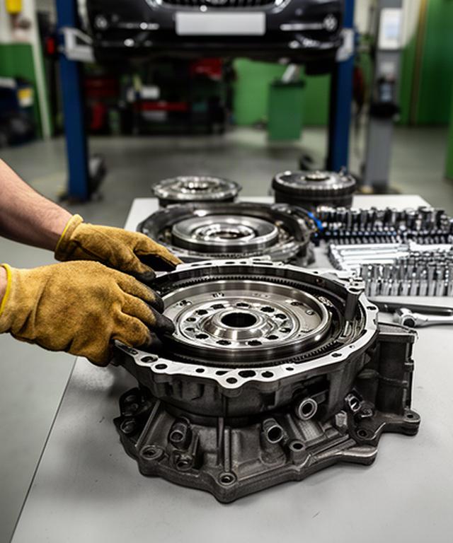 Automotive technician inspecting transmission components on a workshop bench