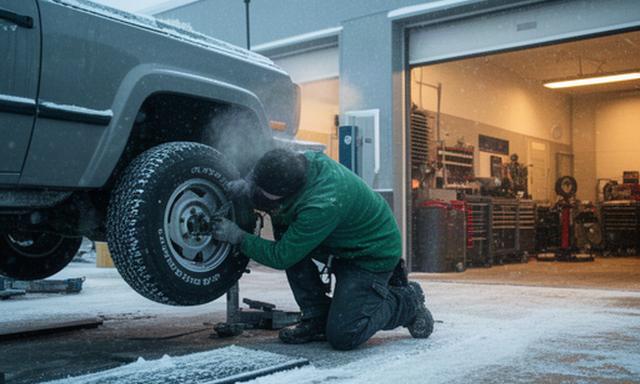 Vehicle receiving winter tire service on a cold Calgary morning outside the workshop