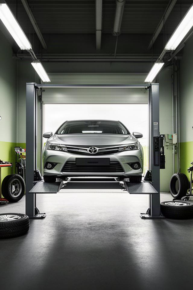 Vehicle raised in a clean service bay with tools and inspection equipment nearby