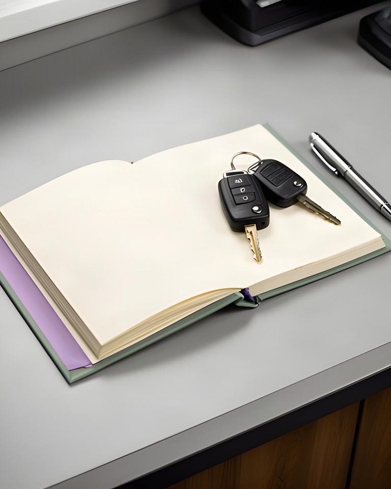Appointment book and vehicle keys on a clean automotive service desk