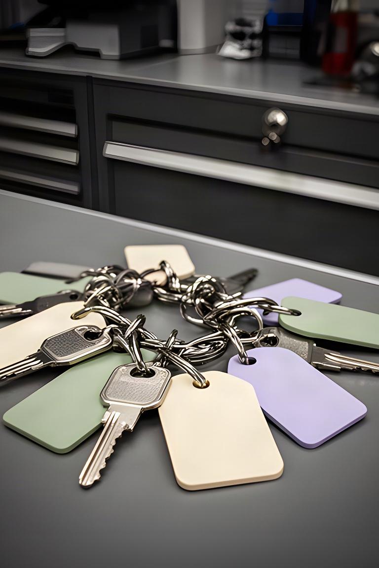 Vehicle keys tagged and arranged on a secure service counter
