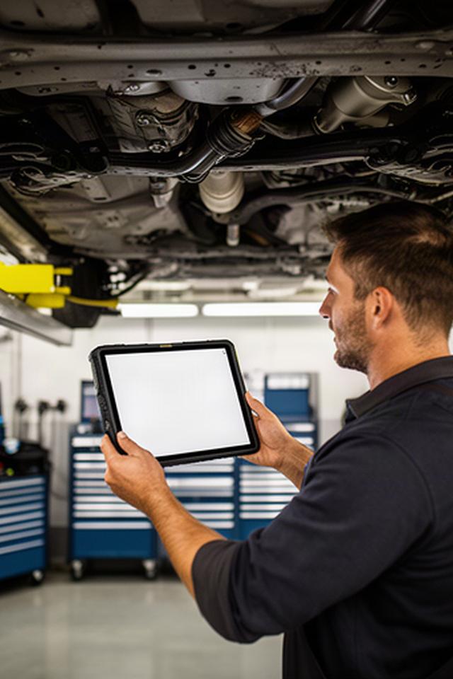 Mechanic inspecting a vehicle on a lift with a tablet in a Calgary service bay