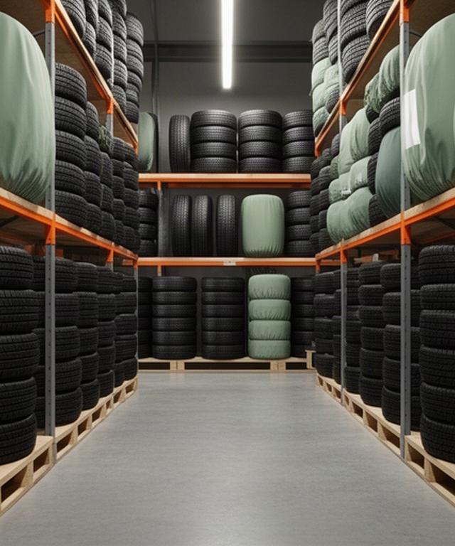 Seasonal vehicle tires stacked neatly in a Calgary automotive storage area
