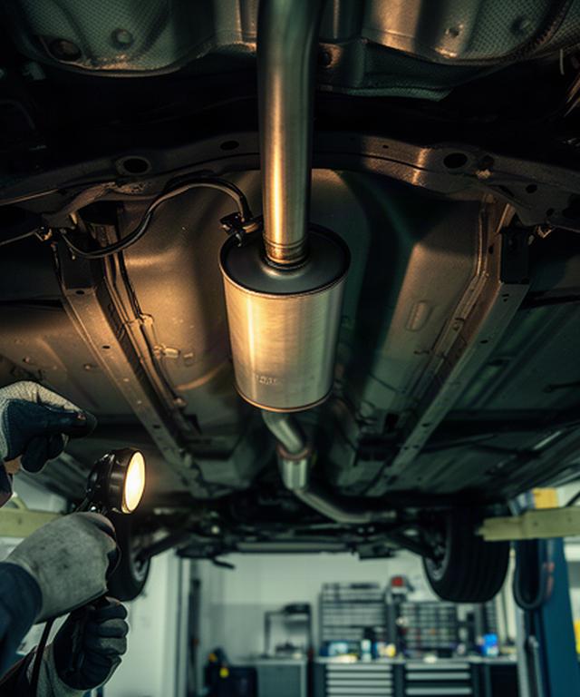 Vehicle exhaust and muffler inspected from below on a workshop lift
