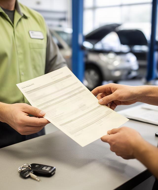 Service advisor presenting repair warranty paperwork across an automotive service counter