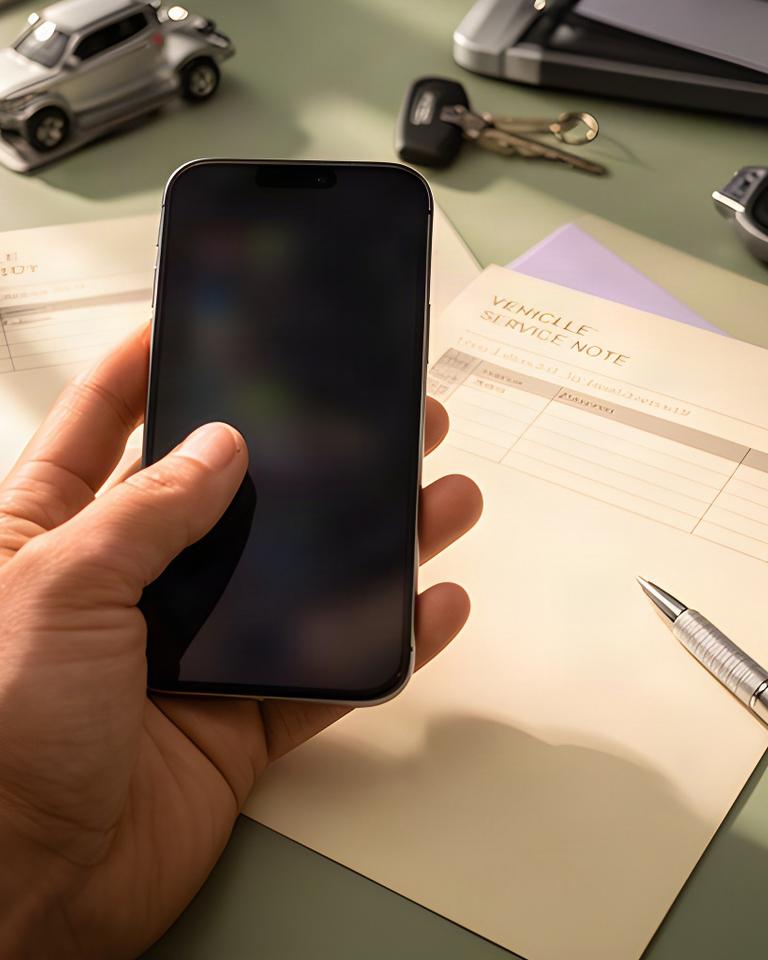 Hand answering a phone beside vehicle service notes and a pen