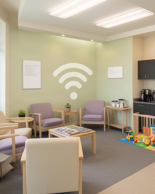 Clean automotive waiting area with coffee table, Wi-Fi sign, and children's corner