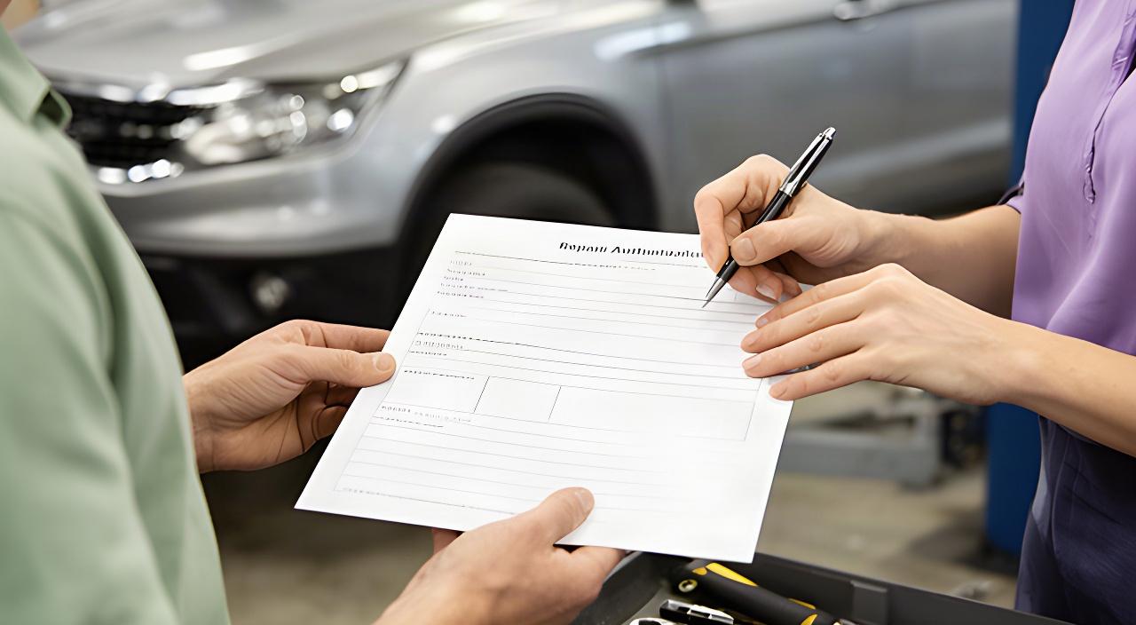 Customer signing a repair authorization form beside a vehicle service advisor
