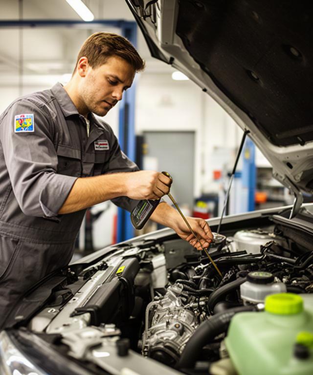 Technician checking engine oil beside a vehicle in an automotive workshop