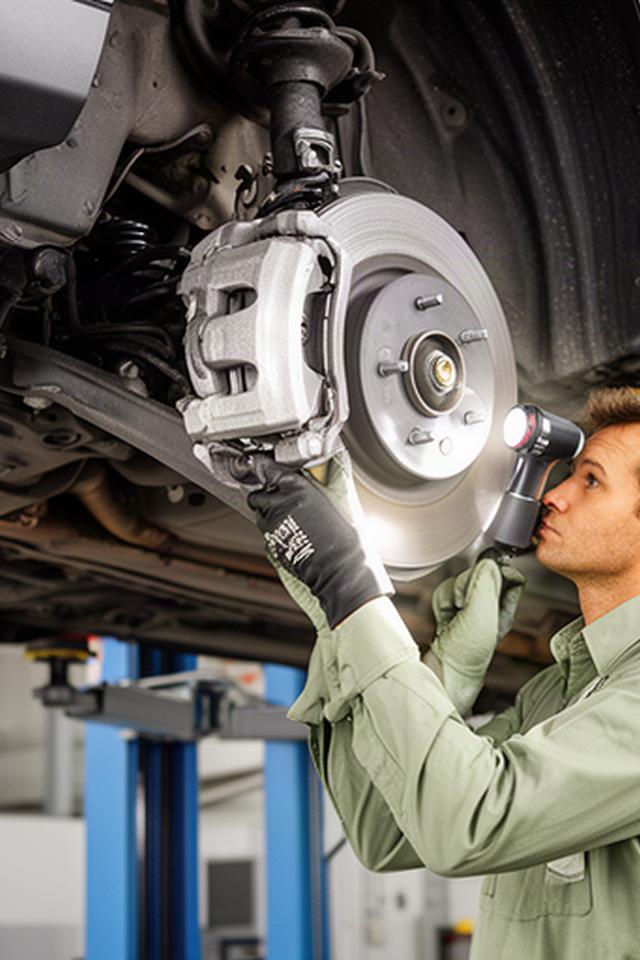 Technician inspecting the brakes and suspension of a customer vehicle