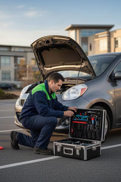 Mobile mechanic working beside a customer vehicle in an office parking lot