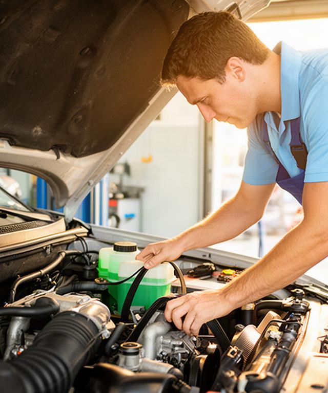 Technician checking coolant and belts during summer vehicle preparation