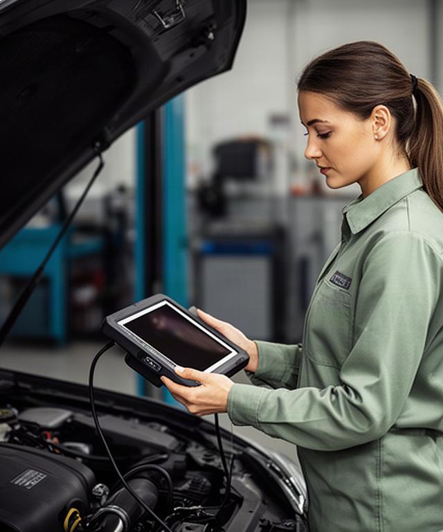 Automotive diagnostics specialist Sandra Lee checking a vehicle computer in the shop