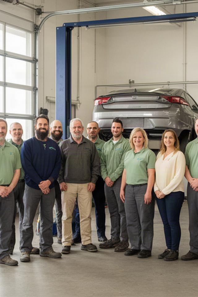Automotive service team gathered in a bright Calgary workshop beside a vehicle lift