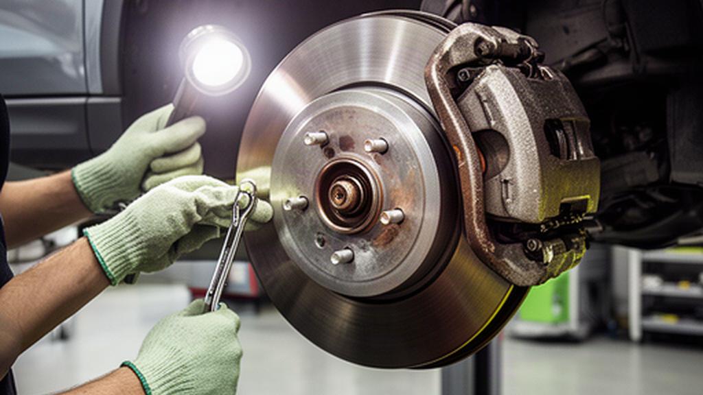 Mechanic inspecting a brake rotor and wheel assembly in a service bay