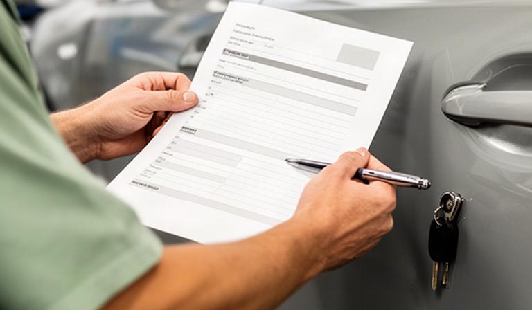 Service advisor reviewing a repair warranty document beside a customer's vehicle